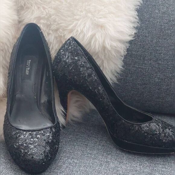 WHITE HOUSE BLACK MARKET Sequin Black Stiletto Pump Heels Leather size 9.5 - Picture 2 of 6